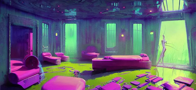 Image similar to beautiful masterpiece painting of a luxurious day spa in a future radioactive glowing swamp, cryogenic day spa treatment, grunge cyberpunk, by Remedios Varo and Anato Finnstark and Greg Rutkowski, dayglo pink, dayglo blue, by Craig Mullins, ilya kuvshinov, krenz cushart, artgerm, 8k, trending on ArtStation