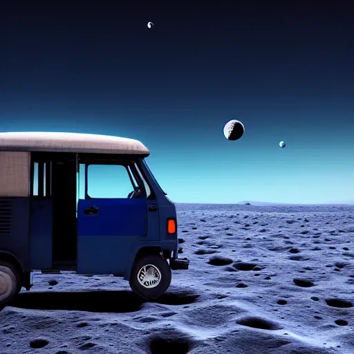 Image similar to a dark blue tuk tuk traveling on the surface of the moon, moon craters, black sky, hard science fiction, milky way, moon, matte painting, concept art, 4k