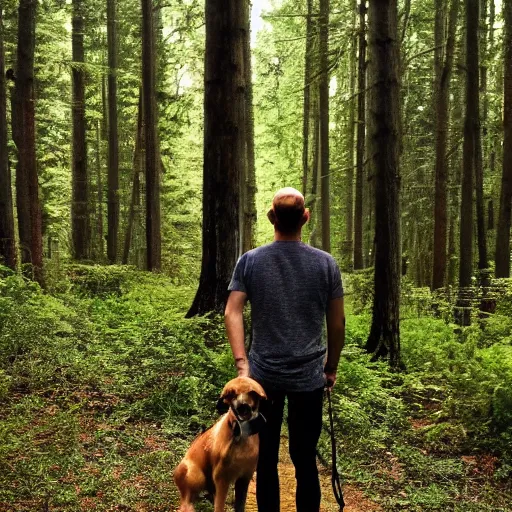 Prompt: man with a dog in a forest