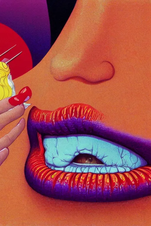 Prompt: a colorful vibrant closeup portrait of a woman in 8 0 s makeup licking a tab of lsd acid on his tongue and dreaming psychedelic hallucinations, by kawase hasui, moebius, edward hopper and james gilleard, zdzislaw beksinski, steven outram colorful flat surreal design, hd, 8 k, artstation