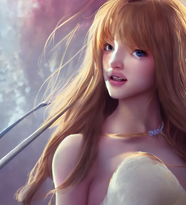 Image similar to illustration rendering of a beautiful girl with swords epic photorealistic portrait in go nagai ishikawa ken disney pixar style depth of field lens flare leica zeiss detailed trending award winning on flickr artstation