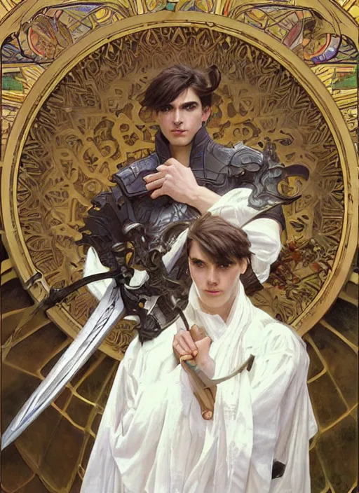 Image similar to a young man with wide, intense eyes. he is bald and clean shaven, dressed entirely in white and holding a huge sword. painting by artgerm and greg rutkowski and alphonse mucha