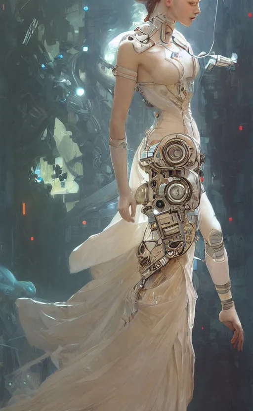 Image similar to a beautiful painting of a crowned robotic cyberpunk princess in a flowing gown, intricate, elegant, highly detailed, digital painting, artstation, concept art, by krenz cushart and artem demura and william adolph bouguereau and alphonse mucha