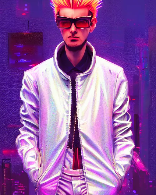 Image similar to detailed portrait of European Pale Blonde hair Stylish Guy Sheen Holographic Jacket coat, Futuristic sci-fi fashion, royal attire Akira, Evangelion, cyberpunk, neotokyo, synthwave, aesthetics, futuristic, low-emission-neon, bladerunner movie scene by ismail inceoglu dragan bibin hans thoma greg rutkowski Alexandros Pyromallis Nekro Rene Margitte illustrated Perfect face, fine details, realistic shaded, fine-face, pretty face sharp chine