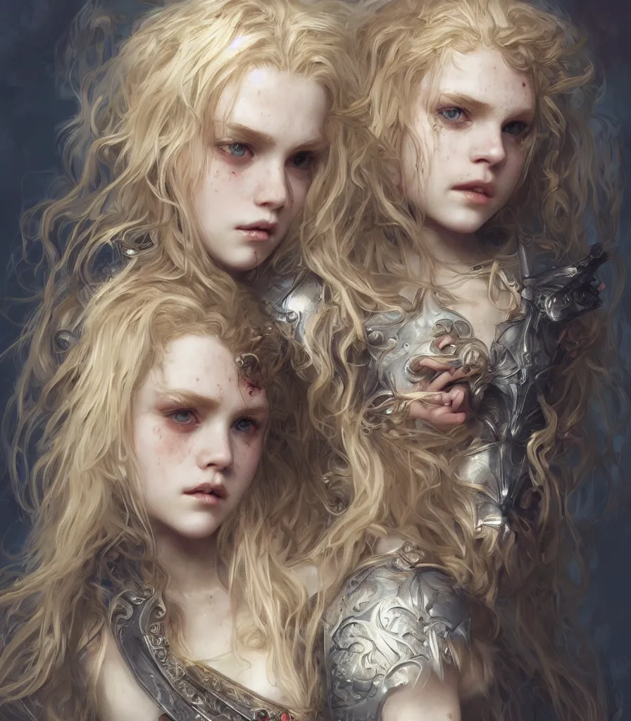 Image similar to portrait of a blonde vampire girl, child, freckles, fierce, messy curly hair, dark leather armor, sword, intricate and very beautiful and elegant, highly detailed, digital painting, artstation, concept art, smooth and sharp focus, cg by tian zi and wlop and alphonse mucha