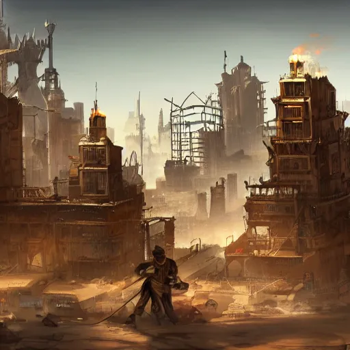 Prompt: Thief running and jumping on the rooftops of a bustling steampunk city in the desert with a towering building made of scraps seen in the distance, airships, bright sunny day, digital painting, highly detailed, dynamic, concept art, game art, artstation
