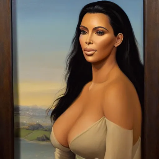 Prompt: a beautiful painting of kim kardashian west painted by john collier