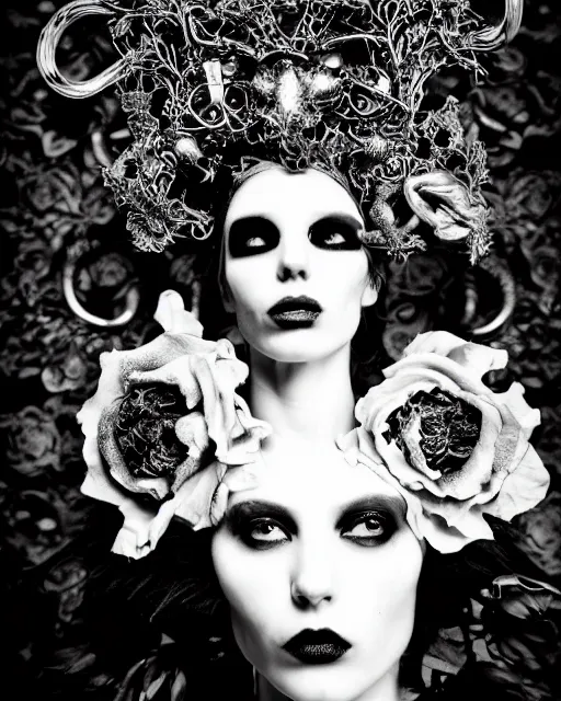 Image similar to surreal dark poetic black and white photo portrait of complex bio-mechanical beautiful young silver female vegetal-cyborg with a fur metal fine lace face, a very long neck and a fine metal floral foliage super big gothic lace collar and high big floral crown with many black dry roses by Vivienne Westwood:: smoke, high fashion, haute couture, rococo, avant-garde, dry black roses, silver filigree details, anatomical, facial muscles, cable wires, microchip, elegant, dreamy, foggy atmosphere, hyper realistic, 150 mm lens, soft rim light, octane render, unreal engine, picture was taken in 1910 by Man Ray, volumetric lighting, dramatic light,8k,