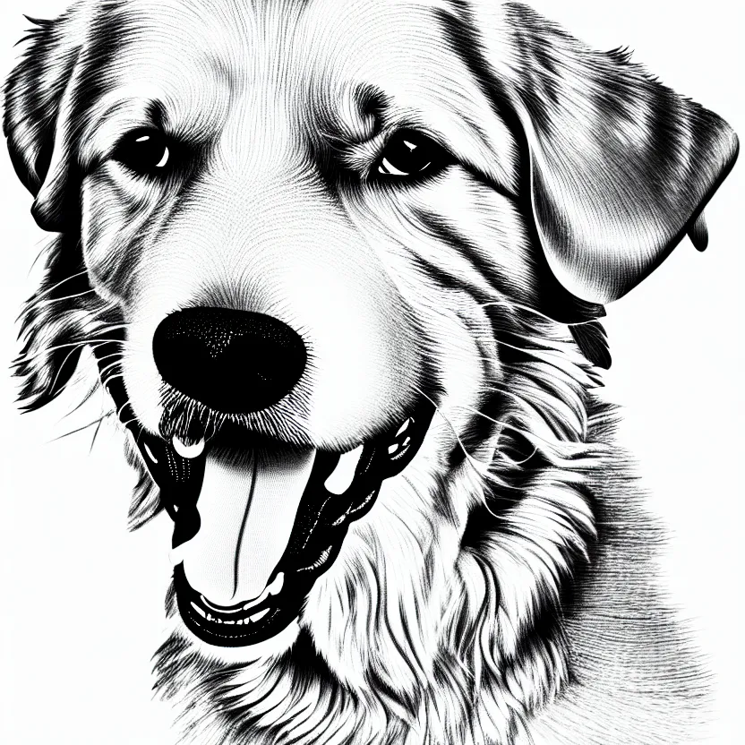 Image similar to full golden retriever portrait, white background, line cartoon, high detail