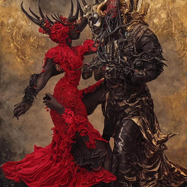 Prompt: beautiful painting of black man and a female devil in red dress with horns are dancing together, in Dark souls and elden ring style, insanely detailed and intricate, golden ratio, hypermaximalist, elegant, ornate, luxury, elite, ominous, haunting, matte painting, cinematic, cgsociety, James jean, Brian froud, ross tran, Laputa