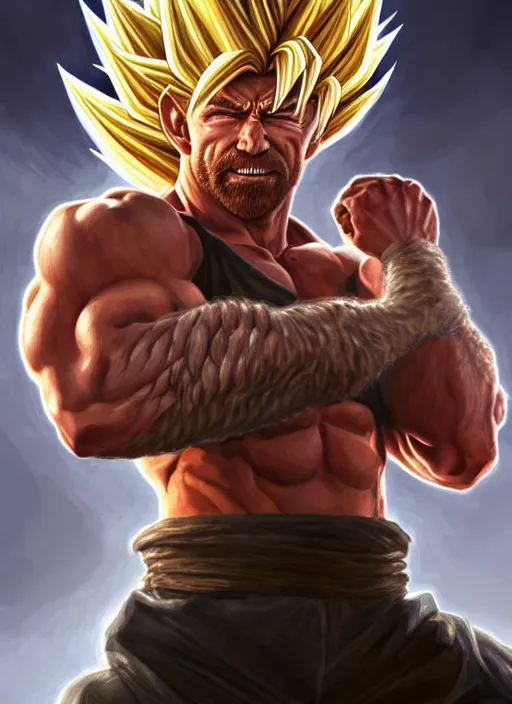 Image similar to portrait of aggressive chuck norris going super saiyan, d & d, muscular! storm! fantasy, intricate, elegant, highly detailed, digital painting, artstation, concept art, smooth, sharp focus, illustration, art by artgerm and greg rutkowski and alphonse mucha