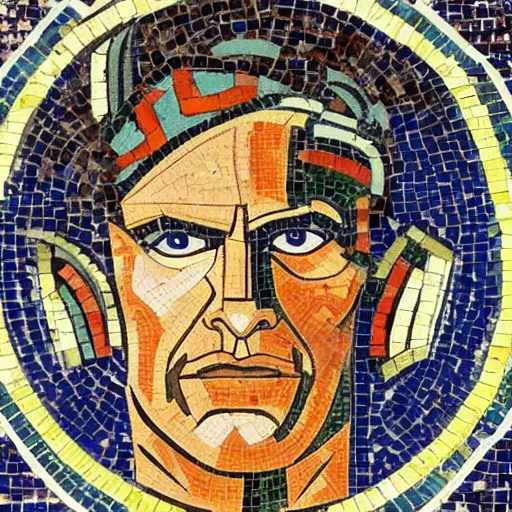 Image similar to ancient greek mosaic of arnold schwarzenegger as link from zelda