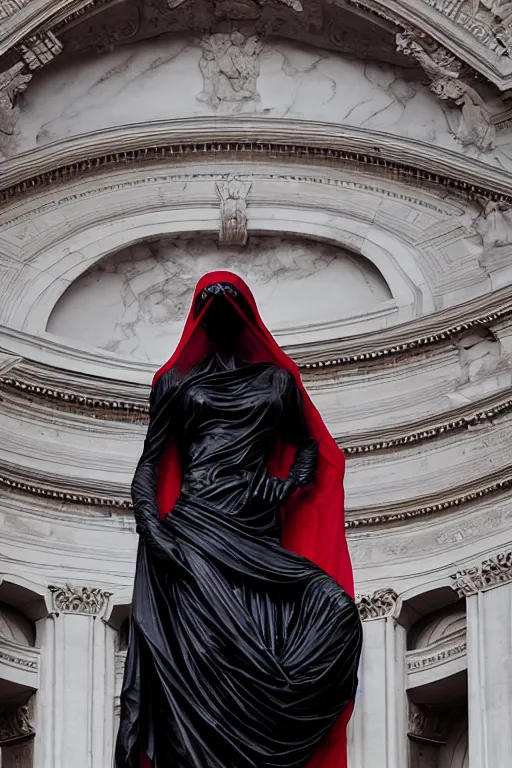 Image similar to the unknown maiden partially covered by a red silk wrapped veil, statue made with embossed polished black marble, sculpted by hedi xandt and bernini, epic and cinematic view, volummetric light, intricate, detailed, 8 k