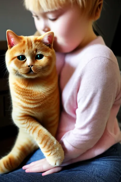 Image similar to a girl is playing with a cute golden shaded british shorthair cat, created by ryo