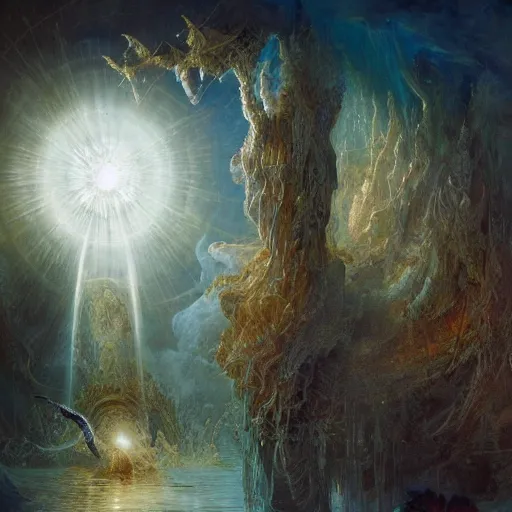 Image similar to ellen jewett, beautiful surreal palatial pulsar at dawn, creation of the world, let there be light, light separated from dark, genesis, gustave dore, ferdinand knab, jeff easley