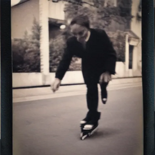 Prompt: vintage polaroid photograph of a man skating on a sidewalk, heavy motion blur