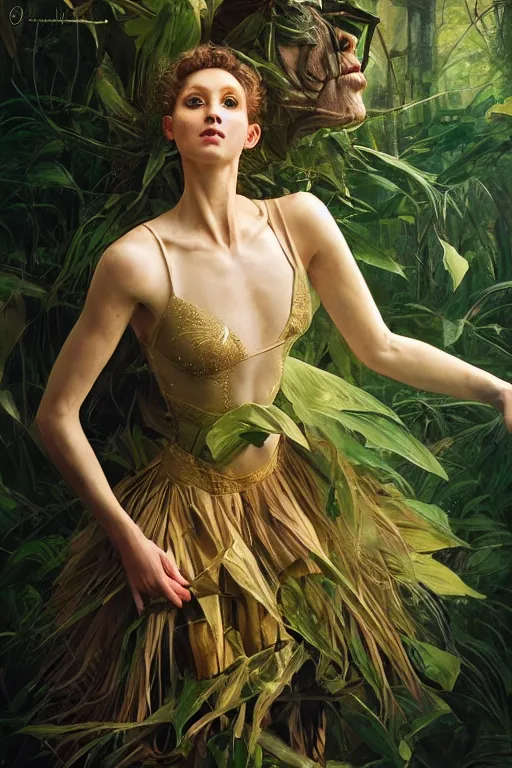 Prompt: stunningly beautiful, irish prima ballerina in jungle, symmetrical face, golden hour, smooth, focus, highly detailed, hyper realistic, dramatic lighting, elegant, intricate, concept art, art by wlop, mars ravelo, greg rutowski