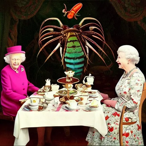 Image similar to “Queen Elizabeth having an English tea party with a mantis shrimp and an octopus, laughing”