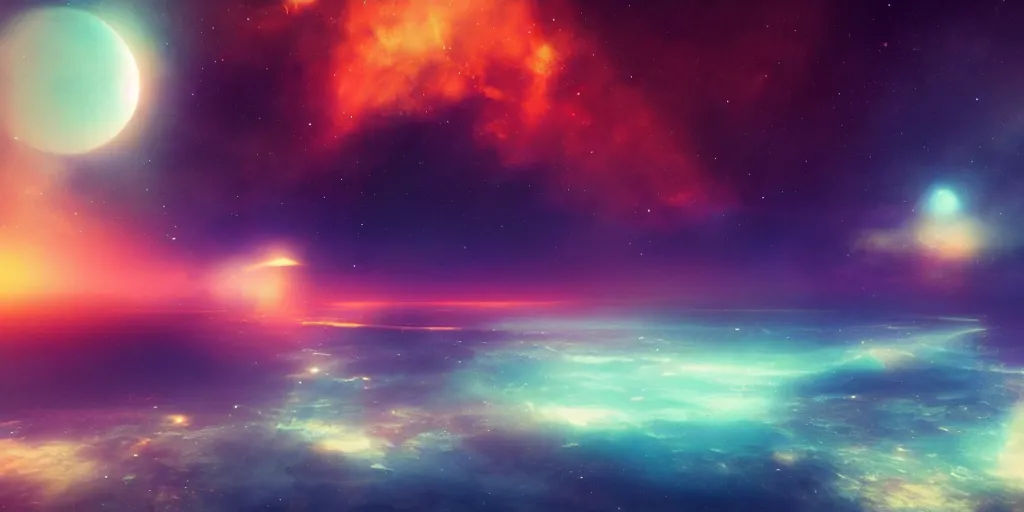 Image similar to warm smooth colours, cinematic render of atmospheric deep space, volumetric lighting, cathrin machin