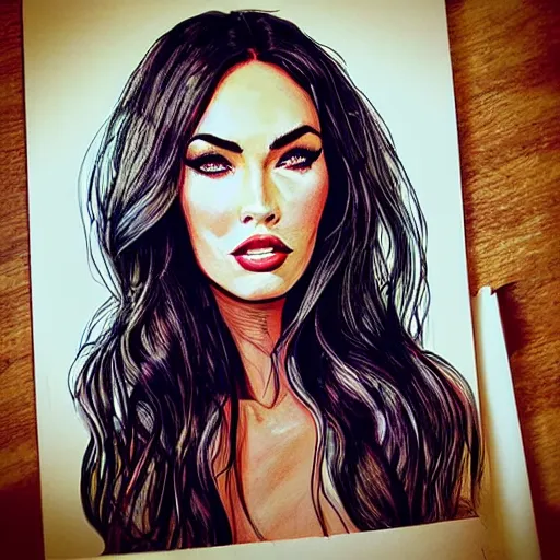 Image similar to “Megan Fox portrait, color illustration by theflowerguy”