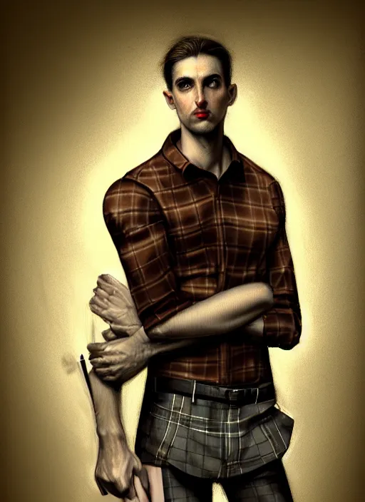 Image similar to male surgeon, brown hair, khakis, plaid shirt, gothic, moody, noir, diffuse lighting, fantasy, intricate, elegant, highly detailed, lifelike, photorealistic, digital painting, artstation, illustration, concept art, smooth, sharp focus, art by John Collier and Albert Aublet and James jean and Brian froud and ross tran and Artem Demura and Alphonse Mucha