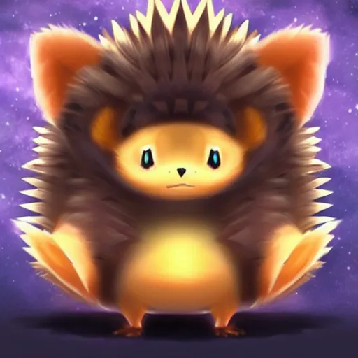 Image similar to A pokemon that looks like A hedgehog, covered with a layer of black Galaxy ，Trending on art station. Unreal engine.