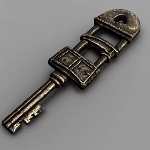 Image similar to a stylised old metal key, key is on the center, rpg game inventory item, on the white background, high poly vray, stylised textures, trending on artstation