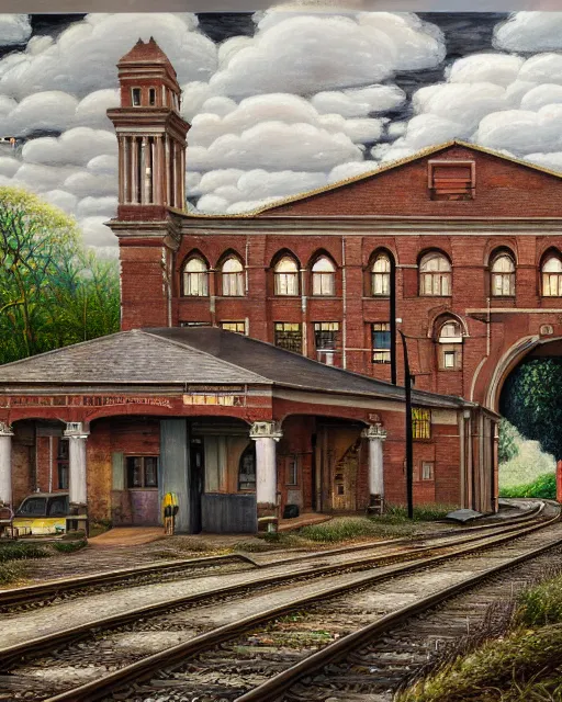 Prompt: a beautiful detailed painting of urbex nature architecture unfinished building industrial architecture railway station by stanley spencer, san andreas, archdaily, wallpaper, highly detailed, trending on artstation.