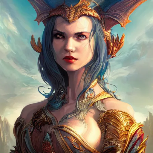 Image similar to A stunning comic book style portrait painting of a dragon goddess, wide view, in the style of WLOP, 8k masterpiece, cinematic lighting, pristine and clean design, high fantasy, insanely detailed, atmospheric,