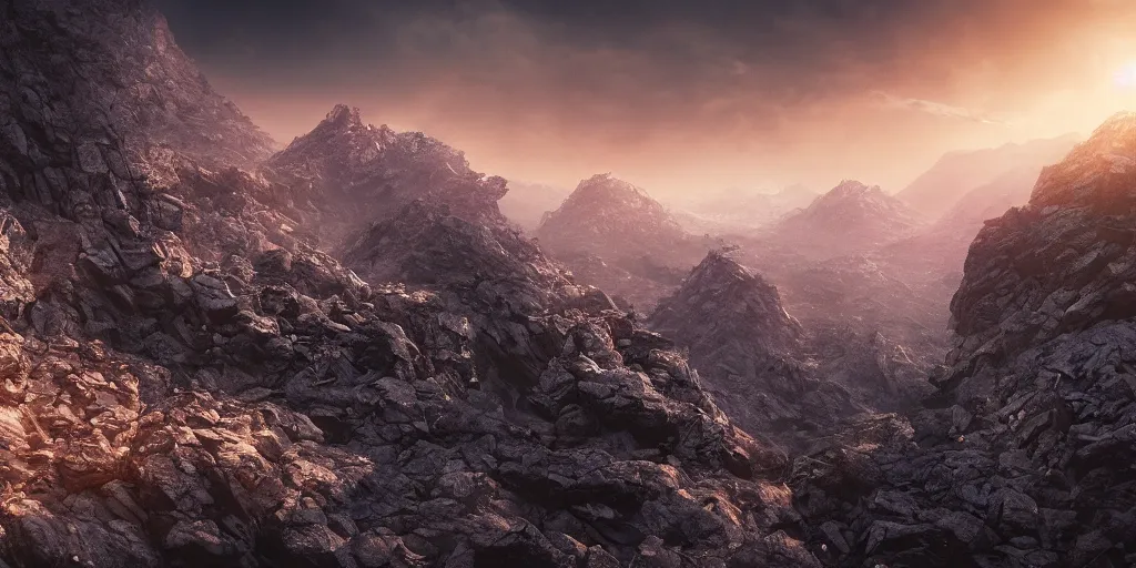 Image similar to Steven Spielberg movie shot, a mountain valley shattered into thousands of rock fragments, no gravity, moody atmosphere, sunrise, 10mm lens, trending on Artstation, highly detailed,