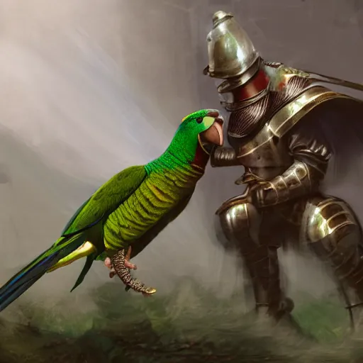 Image similar to Giant green Quaker parrot fights with medieval knight. Enchained, restrained. Bloom, volumetric lighting. Fantasy, digital painting, HD, 4k, detailed.