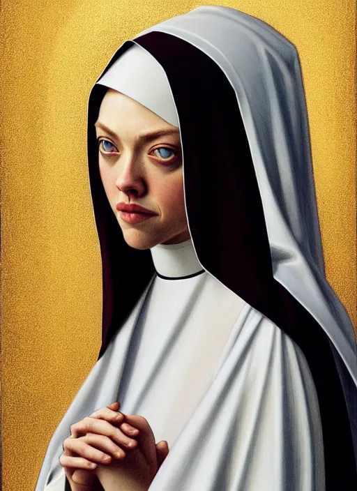 Image similar to portrait of amanda seyfried as a nun, catholic, church, bible, christian, intrigante, headshot, highly detailed, digital painting, artstation, concept art, sharp focus, cinematic lighting, illustration, art by artgerm and greg rutkowski, alphonse mucha, cgsociety