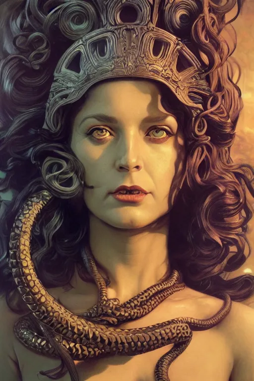 Image similar to harryhausen medusa, photo, portrait, intricate details, by vincent di fate, artgerm, julie bell, beeple, Alphonse mucha, and Greg Rutkowski, 90s, Smooth gradients, octane render, 8k, High contrast, duo tone, depth of field, very coherent symmetrical artwork