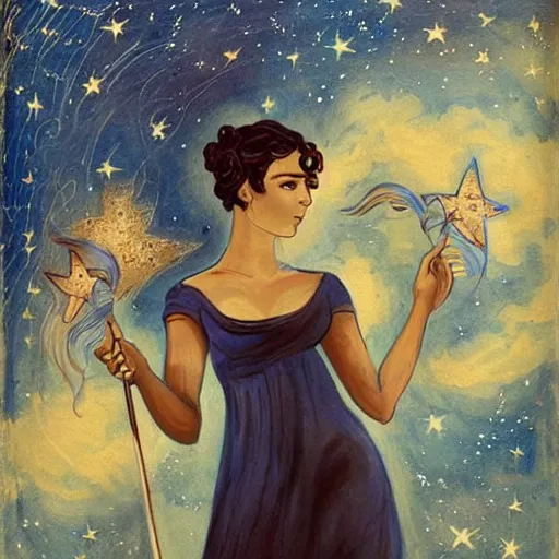 Prompt: The body art features a woman with wings made of stars, surrounded by a blue and white night sky. The woman is holding a staff in one hand, and a star in the other. She is wearing a billowing white dress, and her hair is blowing in the wind. Pride & Prejudice, papaya whip by Pamela Coleman Smith ordered, a e s t h e t i c