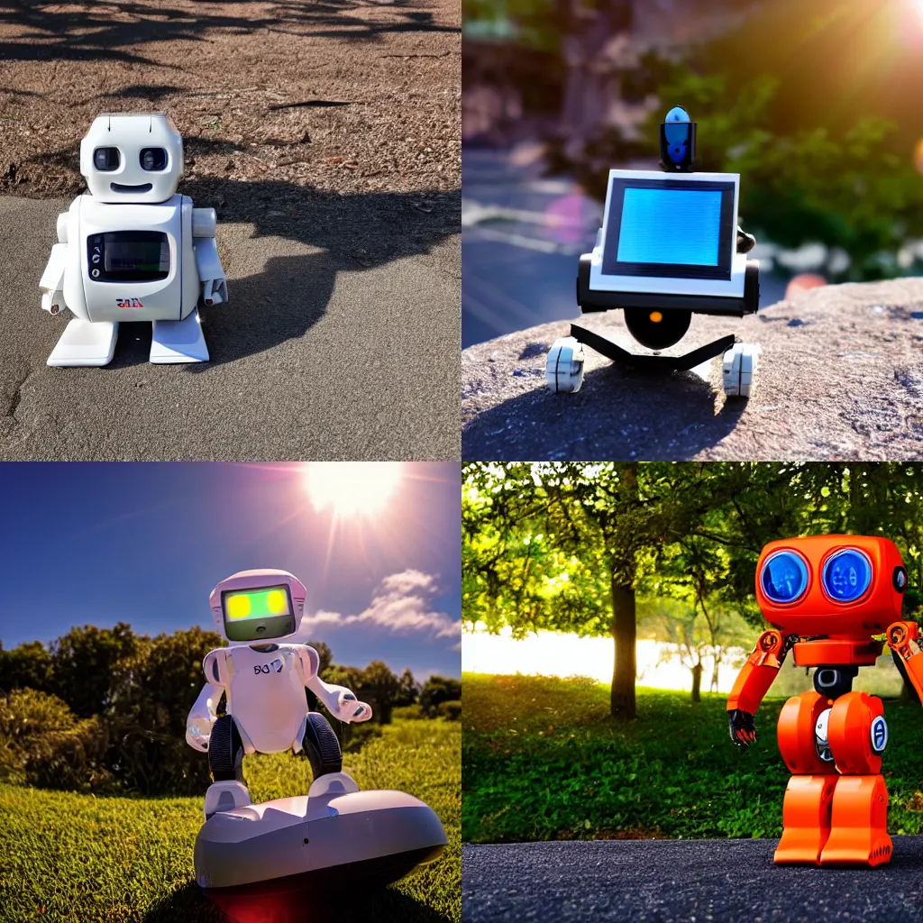 Prompt: happy solar powered robot enjoying the sunlight, sony ultra camera, hd dslr 8k+