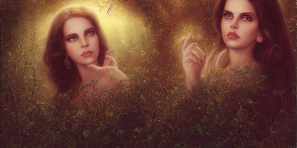 Image similar to big-eyed Lana Del Rey staring into the camera, sundown misty firefly wisps, Lilia Alvarado, Sophie Anderson, Mark Arian, Bob Byerley, Charlie Bowater, Mark Brooks, Steve Henderson, Justin Gerard, Arthur Hughes, Edward Robert Hughes, Mark Keathley, Victor Nizovtsev, Carlos Shwabe, Ross Tran, WLOP