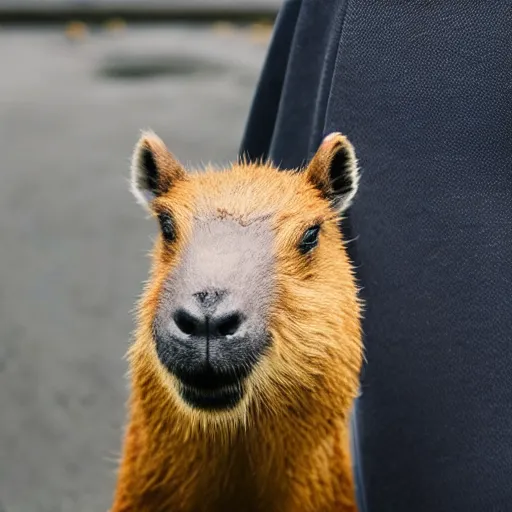 Image similar to a high detail photo of an antropomorphic capybara wearing a suit, subject= duck, subject detail: wearing a suit, photorealism