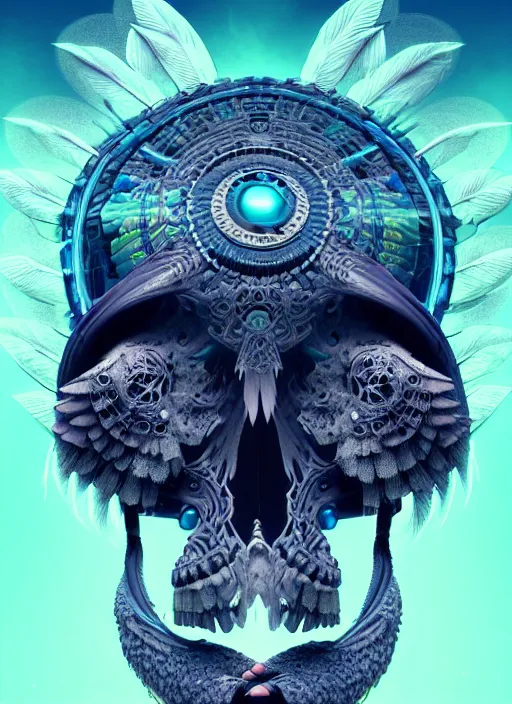 Image similar to 3 d shaman with tattoos profile portrait, sigma 5 0 0 mm f / 5. beautiful intricate highly detailed quetzalcoatl skull and feathers. bioluminescent, gradient background, plasma, frost, water, wind, creature, thunderstorm! artwork by tooth wu and wlop and beeple and greg rutkowski, 8 k trending on artstation,