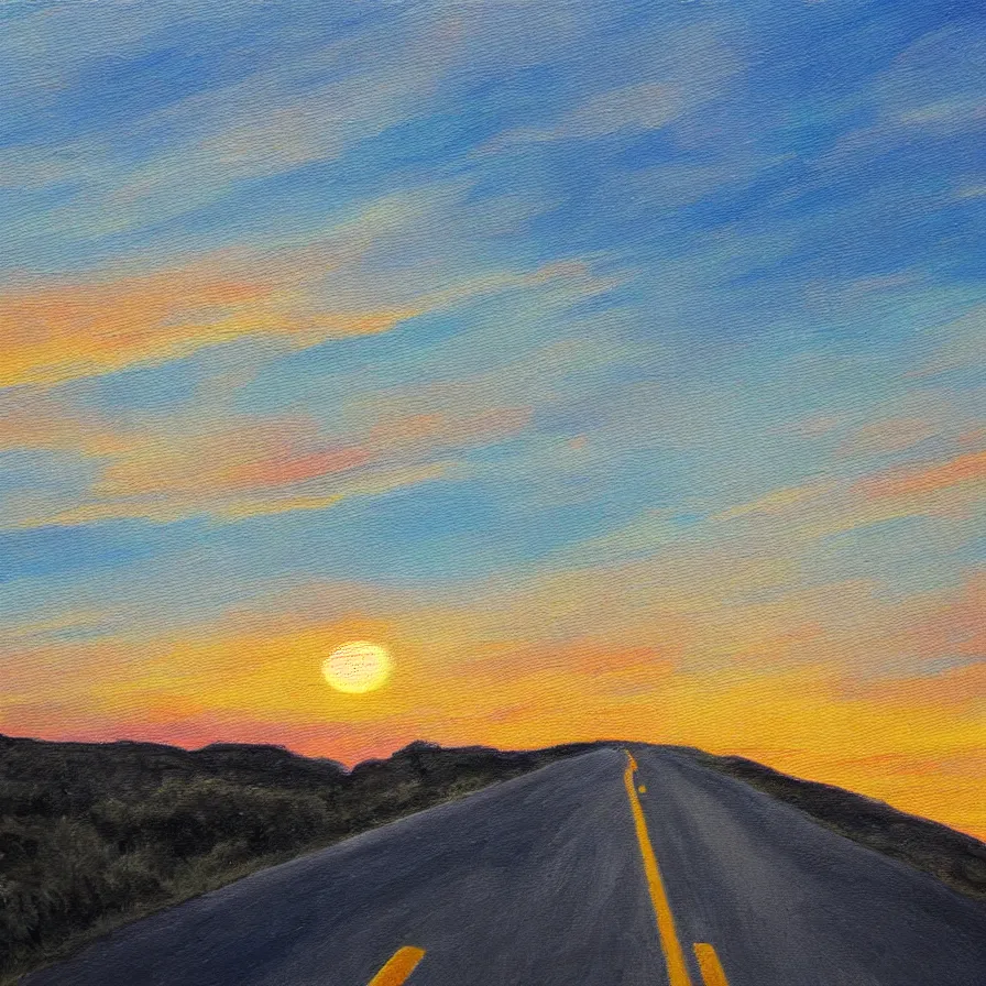 Image similar to artwork about a road towards the sunrise down the coast from high mountains, by patricia brintle.