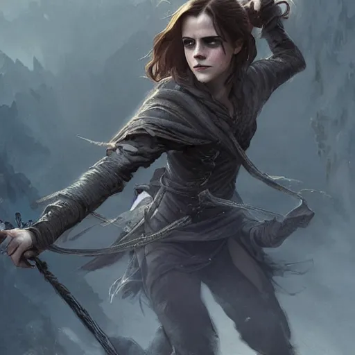 Image similar to emma watson as a rogue, d & d, fantasy, intricate, elegant, highly detailed, digital painting, artstation, concept art, matte, sharp focus, illustration, art by greg rutkowski and alphonse mucha