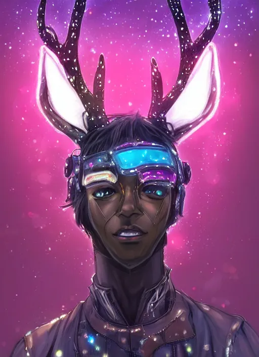 Image similar to award winning beautiful portrait commission of a male furry anthro Black Reindeer cyberpunk fursona with a tail, wings, wings, wings and a cute beautiful attractive detailed furry face wearing a crown, stylish black and rainbow galaxy clothes, outline, in a cyberpunk city at night while it rains. Character design by charlie bowater, ross tran, artgerm, and makoto shinkai, detailed, inked, western comic book art