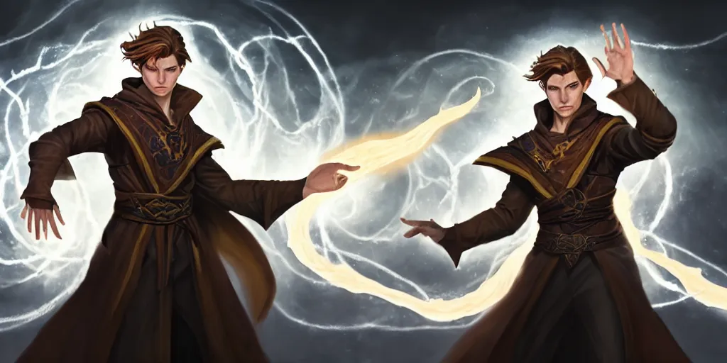 Image similar to epic concept art of a handsome young caucasian male sorcerer with brown hair casting a spell that is emanating from his hands he is in a alchemist lab, action pose, medium shot, deep depth of field, waist up, d & d mage, magic the gathering art