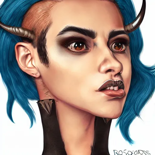 Image similar to illustrated realistic portrait of prong-horned devil woman with blue bob hairstyle and her tan colored skin and with solid black eyes wearing leather by rossdraws