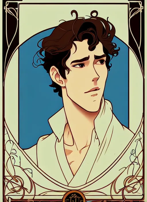 Image similar to art nouveau portrait of a handsome young man with curly medium length very messy light brown hair, brown eyes, aloof, serious expression, t - shirt, natural lighting, path traced, highly detailed, high quality, cartoon, digital painting, by don bluth and ross tran and studio ghibli and alphonse mucha