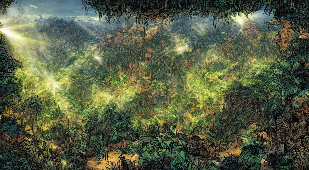 Image similar to zouk fabric jungle dirt wall fortress a spectacular view cinematic rays of sunlight comic book illustration, by john kirby