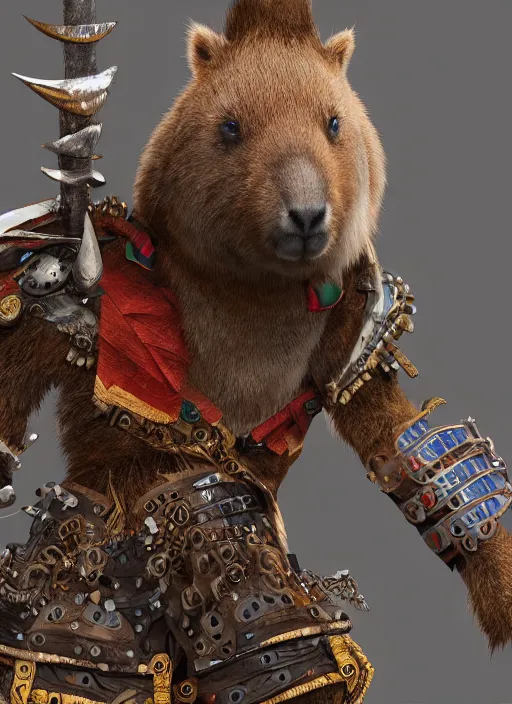 Image similar to detailed concept art illustration painting of an anthropomorphic capybara warrior in full intricate armor, Biomutant, ultra detailed, digital art, octane render, 4K