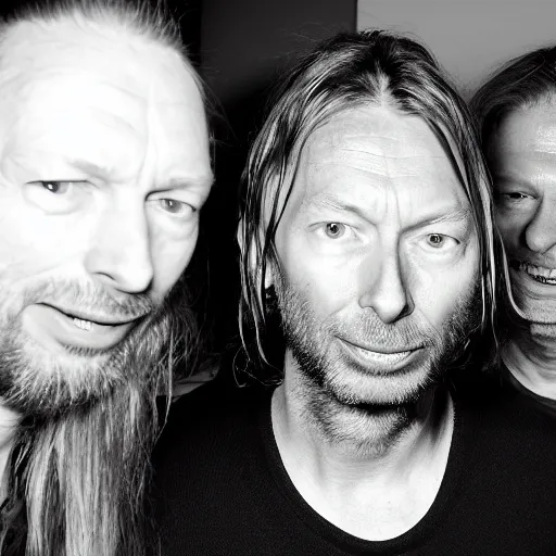 Image similar to thom yorke with aphex twin, perfect face, more details