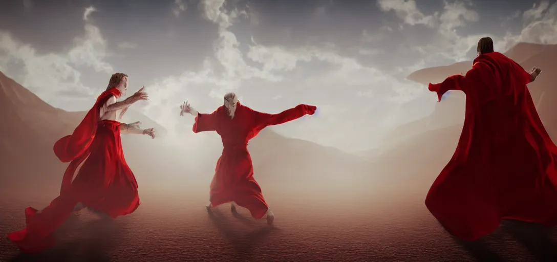 Image similar to an evil demon in red robes fighting an angel in white robes in a desert, luminescent eyes, sunny weather, rendered in octane, realistic, 8 k, vivid, intricate, detailed, mist, fog, dramatic light