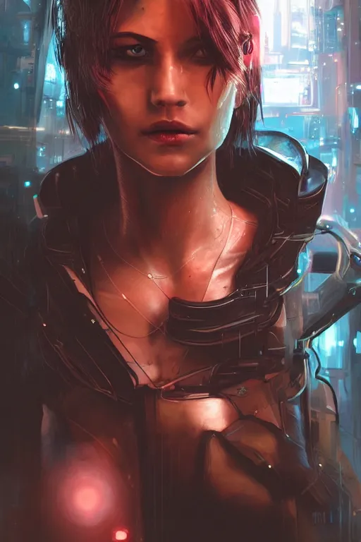 Image similar to cyberpunk, female character, beautiful head, nice legs, concept art, artstation, intricate details, dramatic lighting