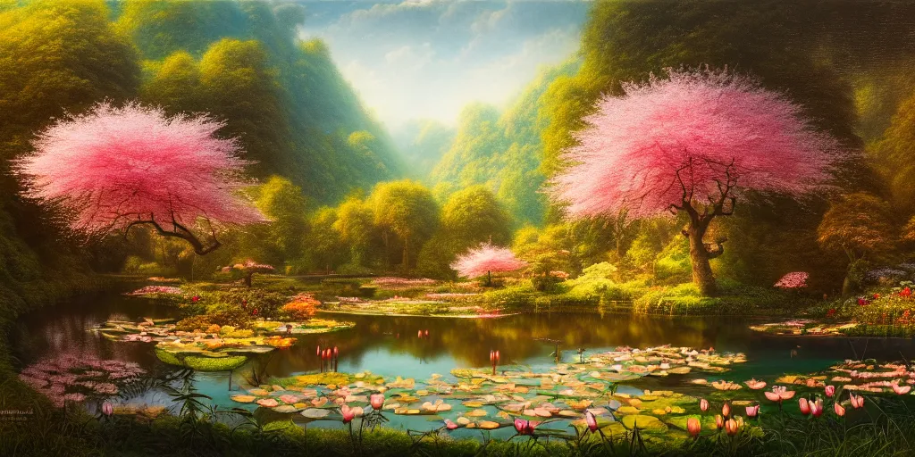 Image similar to a real photographic landscape painting with incomparable reality, wide angle, in forest, flowers, peach tree in full bloom, waterlily pond, bright style, harry potter, clearing,, john howe, magnificent, artstation